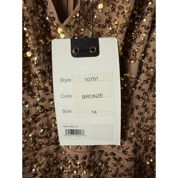 NWT Mac Duggal Brown Sequined Puff Sleeve V Neck Gown Size 14 - Picture 11 of 11